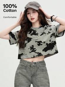 Camiseta de manga corta suelta con cuello redondo y estampado de letras gris verano JUTU, top corto teñido anudado versátil y de moda, informal - 396 ceniza de cemento - Ver 2