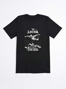 Camiseta Negra con Estampado de Lucha Libre y Texto Tu Lucha Es Mi Lucha para Mujer Casual - Negro - Ver 2