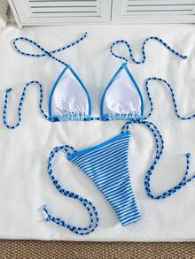 女士比基尼套装，两件式泳衣，波点条纹印花，三角罩杯上衣，系带泳裤，可爱夏季海滩度假装扮 - 藍色 - 查看 3