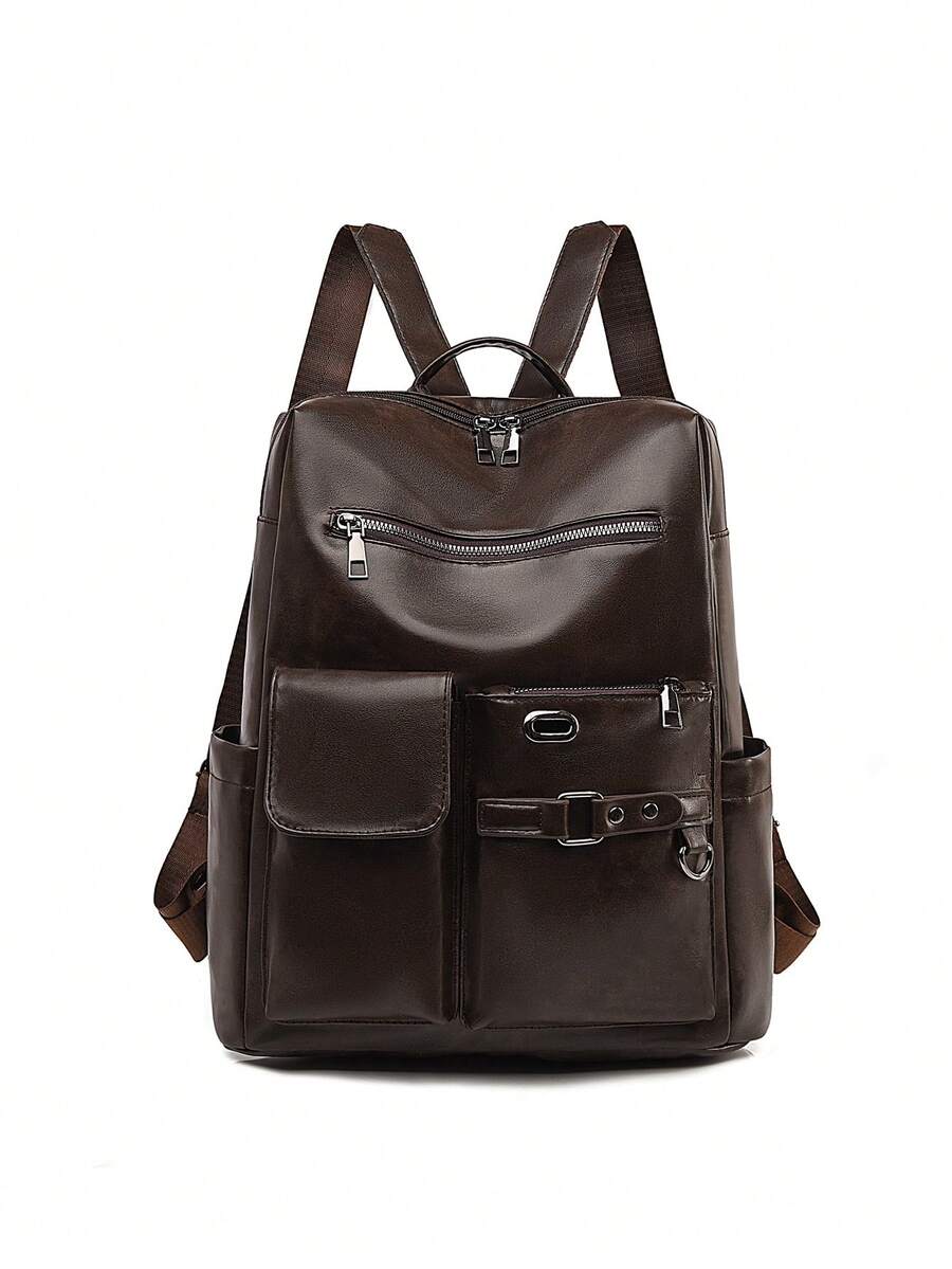 LECEY 1pc Fashionable Minimalist Patchwork Design Large Capacity Women Backpack, Suitable For Outdoor Travel And Daily Use, Back To School - Coffee - View 1
