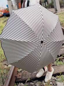 现代防水多功能雨伞，铁质伞杆，白色条纹蕾丝饰边，防雨防晒 - 條紋黑膠手動雨傘 - 查看 7
