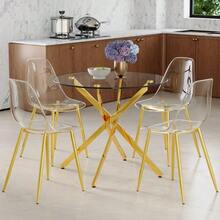 Table And Chair Set. Luxury 88cm Tempered Glass Dining Table + 4 Clear Plastic Dining Chairs. Modern And Minimalist Set Of 1 Table And 4 Chairs, Ideal For Small Dining Rooms. - Gold - View 4