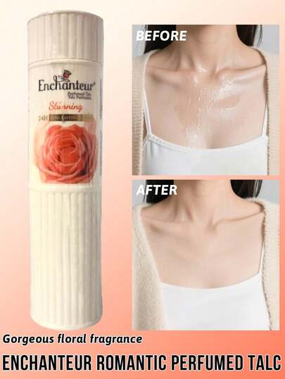 Enchanteur 迷人诱人的身体粉，24小时持久干爽舒适，清新舒缓肌肤瘙痒，持久留香，粉质细腻，改善肤质，浪漫花香，令肌肤柔软光滑，适用于全身及面部，适合所有肤质，是日常使用的理想之选，可在睡前、沐浴后及运动后使用。