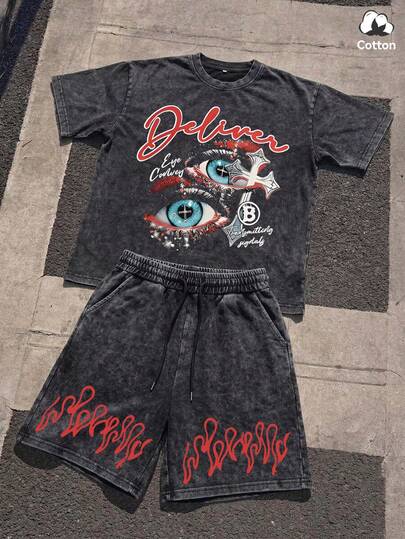 Hemo, Ensemble t-shirt graphique et short style de rue pour hommes, tenue décontractée d'été en 2 pièces noire lavée extensible, pour un usage quotidien