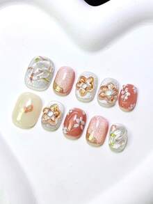 10pcs Short Square & Round False Nails, Nude Pink, Dark Rose, Milky White Base Color, 3D Gradient Floral, Hand-Painted White Flowers, Cat Eye Glitter & Metal Line Decor, Sweet & Gentle Spring Style, 100% Handmade Reusable Acrylic Nails, Comes With 1 Glue Sticker, 1 Nail File & 1 Nail Stick, Suitable For Daily Wear Or Parties - Multicolor - View 4