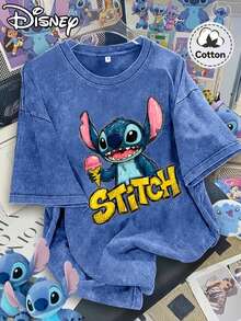 Disney Lilo And Stitch Pattern Retro T-Shirt, Clothing, Summer Women'S FunRound Neck Pullover Tee, Regular Fashion Niche - Xanh đậm - Xem 1