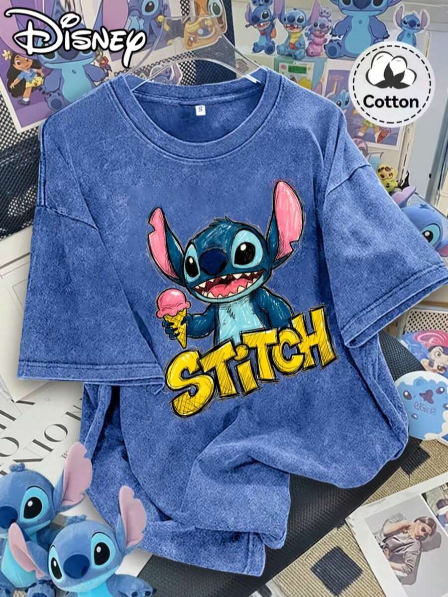 Disney Lilo And Stitch Pattern Retro T-Shirt, Clothing, Summer Women'S FunRound Neck Pullover Tee, Regular Fashion Niche - Xanh đậm - Xem 1