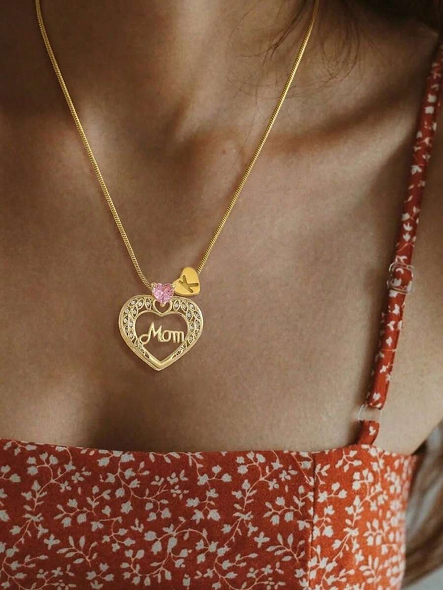 1件精緻優雅復古26個字母A-Z金色母子方塊立方鋯石吊墜不鏽鋼項鍊，女兒/兒子送給媽媽的有意義禮物，2026年母親節禮物 - 金色 - 查看 1