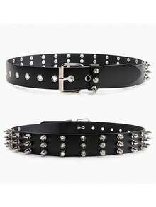 1pc Gothic Style Triple Row Rivet Spiked Women's Belt, Solid Color Punk PU Leather - Black - View 3