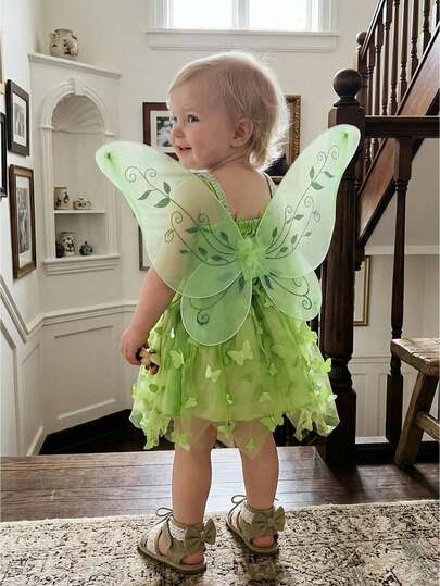 Baby Green Fairy Costume Dress -  Style Tulle Tutu With Wings For Halloween, Birthday  Dress-Up
