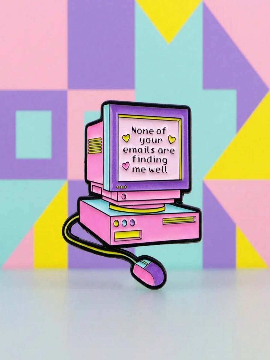 Retro Y2K Millennium Style Vintage Computer Shaped Brooch, Macaron Contrast Color Cartoon Computer Badge, Funny English Slogan Niche Fashion Accessory - Multicolor - View 1