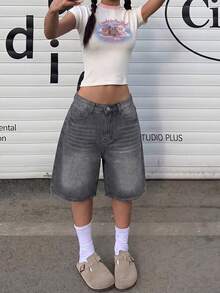 Women Loose Straight Leg Bermuda Shorts, Minimalist Style Casual Summer - Dark Grey - View 2