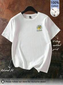 Camiseta ajustada de mujer con cuello redondo casual, estampado retro de cóctel en inglés, adecuada para verano, aeropuerto y uso diario - Blanco - Ver 2