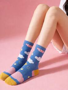 1 Pair Collegiate Style Cloud Pattern Socks, Suitable For Daily Wear - White - View 1