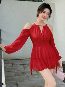 Vestido casual de mujer de unicolor elegante con mangas farol y hombros descubiertos - Negro - Ver 9