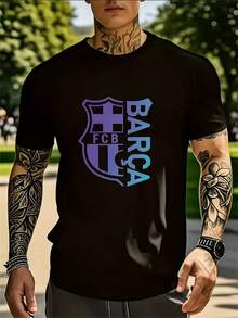 Men's Logo T-Shirt - Breathable And Quick-Drying Training Top With Official Team Print, Short Sleeves And Crew Neck For Football, Gym, Running And Casual Wear - All-Weather Fan Apparel - 黑色 - 查看 1