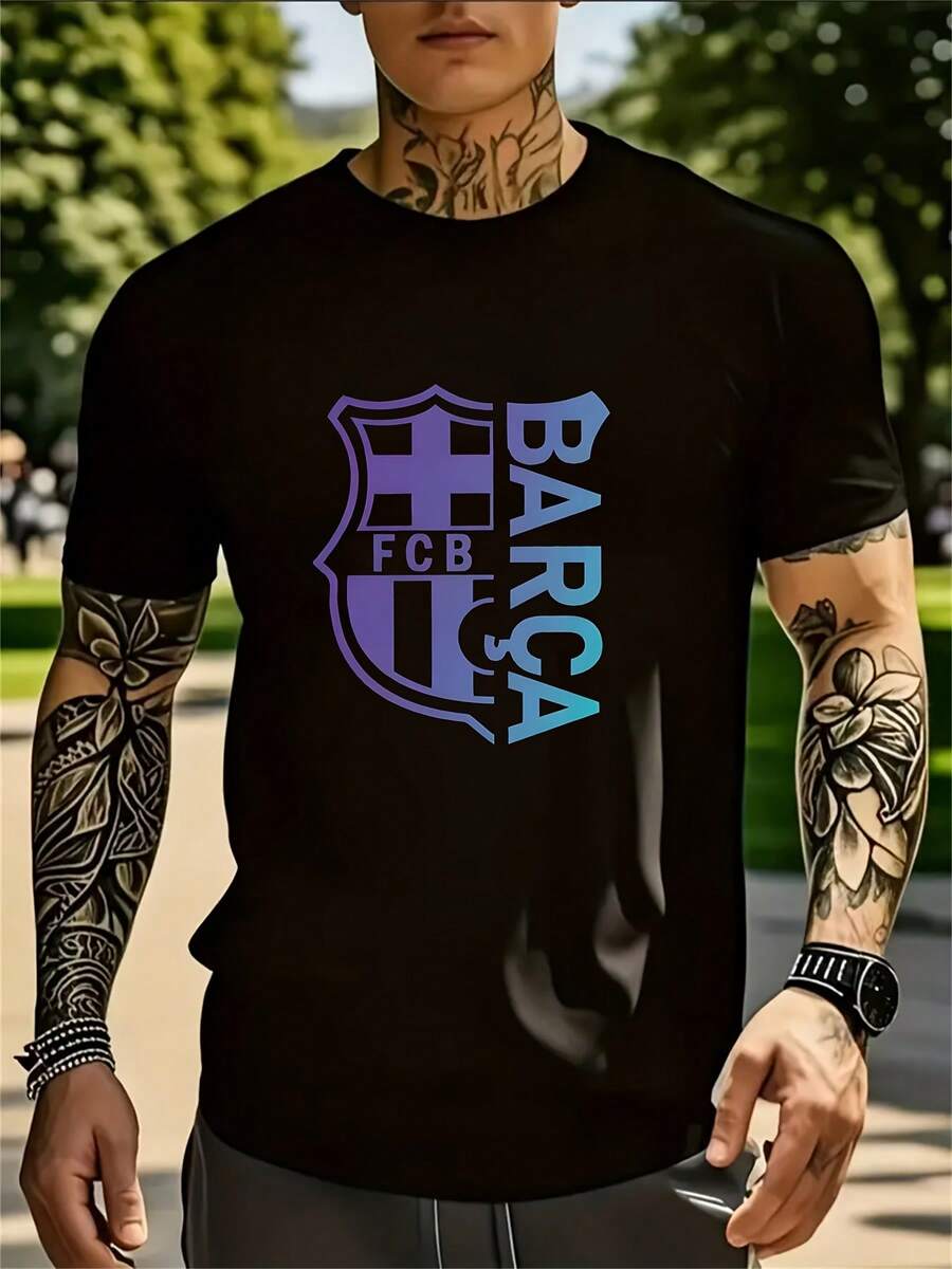 Men's Logo T-Shirt - Breathable And Quick-Drying Training Top With Official Team Print, Short Sleeves And Crew Neck For Football, Gym, Running And Casual Wear - All-Weather Fan Apparel - 黑色 - 查看 1