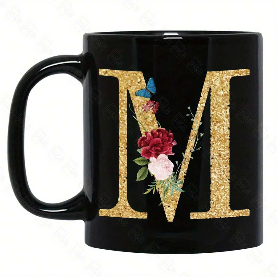 1pc Gold Letter & Floral Print Ceramic Coffee Mug, Beautiful & Practical Gift For Women, Girls, Office, Home Use