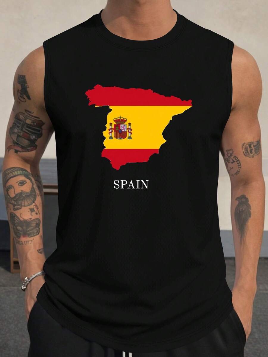 Spain Map Flag National Emblem Print Men's Tank Top, Casual Sleeveless Athletic Tank Top, Breathable Comfy Tops,Beach Tank Top,Gift For Boyfiend - 黑色 - 查看 1