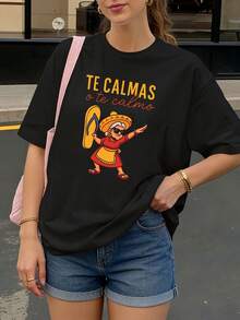 Camiseta Negra con Estampado de Mujer con Sombrero y Texto Te Calmas o Te Calmo para Uso Diario - Negro - Ver 1