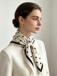 波点真丝优雅办公休闲配饰，高档缎面卷边，米色和黑色 - 白色 - 查看 3