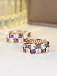 1Pair Modern Golden CZ Earrings, Dainty Princess Cut Two-Tone Style, Everyday Jewelry, Elegant Gift - Golden-purple - View 2