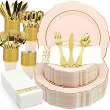 350PCS Pink Gold Plastic Plates For Party Dinnerware Sets For 50 Guests, Vintage Disposable Plastic Party Plates Cups Spoons Forks Knives Napkins For Wedding Birthday Christmas BBQ Parties - Rượu sâm banh - Xem 8