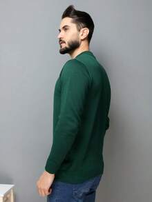 Men's Plain Wool Knit Sweater With Round Neck And Long Sleeves For Winter - 墨綠色 - 查看 7