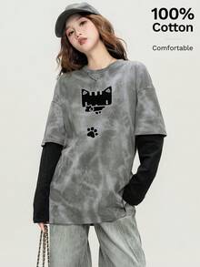 JUTU Spring & Autumn Cartoon Print Patchwork Tee, Loose Fit Crew Neck Long Sleeve Top, Suitable For Vacation, Spring Festival Casual - 409 Ash Black - KJ0217 - View 2