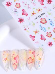 SWEET TREND 3D熱帶花瓣美甲貼紙 2片裝 紅粉色扶桑花葉藤蔓 鮮豔春夏花卉印花設計 DIY Y2K復古時尚 自黏式凝膠指甲貼花美甲裝飾 - 彩色 - 查看 7