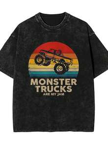 Cool Vintage Monster Truck Are My Jam Retro Sunset  Acid Wash Black Oversized T Shirt Men Women Streetwear Loose Fit Crew Neck Basic Tee For All Seasons Cosplay, - màu đen - Xem 1