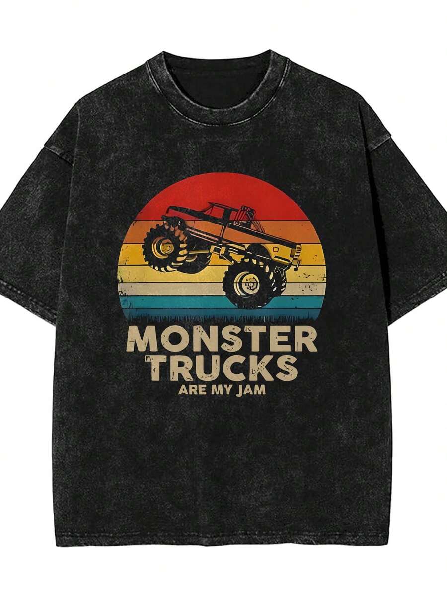 Cool Vintage Monster Truck Are My Jam Retro Sunset Acid Wash Black Oversized T Shirt Men Women Streetwear Loose Fit Crew Neck Basic Tee For All Seasons Cosplay, - màu đen - Xem 1