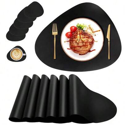 2/4/8pcs Black Placemat And Coaster Set (Placemat + Coaster), Triangle Placemat, Tabletop Decor Placemat, Holiday Gift Placemat Set Heat Stain Scratch Resistant Waterproof Washable Wipeable Place Mats For Dining Patio Table Kitchen