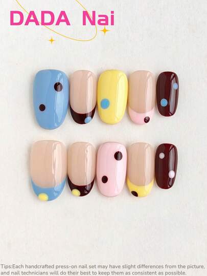 10pcs Short Oval Handmade Press On Nails, Summer Dopamine Color Block Fake Nails, Contrast French Tip & Polka Dot Mix Match Nail Art, Glossy Finish, Reusable Acrylic Nails For Daily Wear