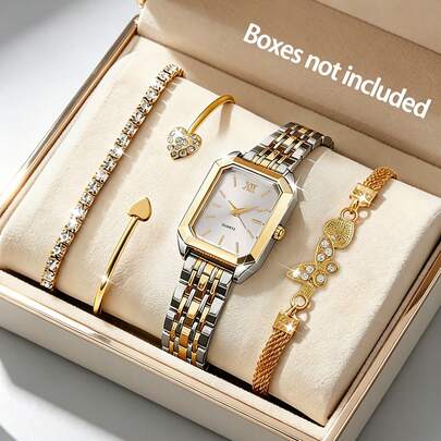 4件套女士新款方形手表配同款手链，优雅百搭，是母亲节、宰牲节、情人节及其他场合的完美礼物。