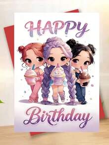 1 chiếc thiệp "Chúc mừng sinh nhật" hình Chibi Friends uống trà sữa trân châu. Bao gồm phong bì, giấy mờ cao cấp. Thiết kế hình ảnh các cô gái anime dễ thương và chữ lấp lánh. Hoàn hảo cho bạn thân - Thiệp sinh nhật Kawaii lý tưởng (12cm/4.7in X 17cm/6.7in) - Phong bì đỏ - Xem 8