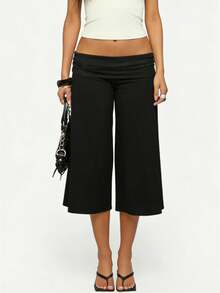 Fold Over Gaucho Pants Culottes For Women Low Rise Capris Foldover Flowy Going Out Flare Bottoms Wide Leg Capri Pants - 黑色 - 查看 1
