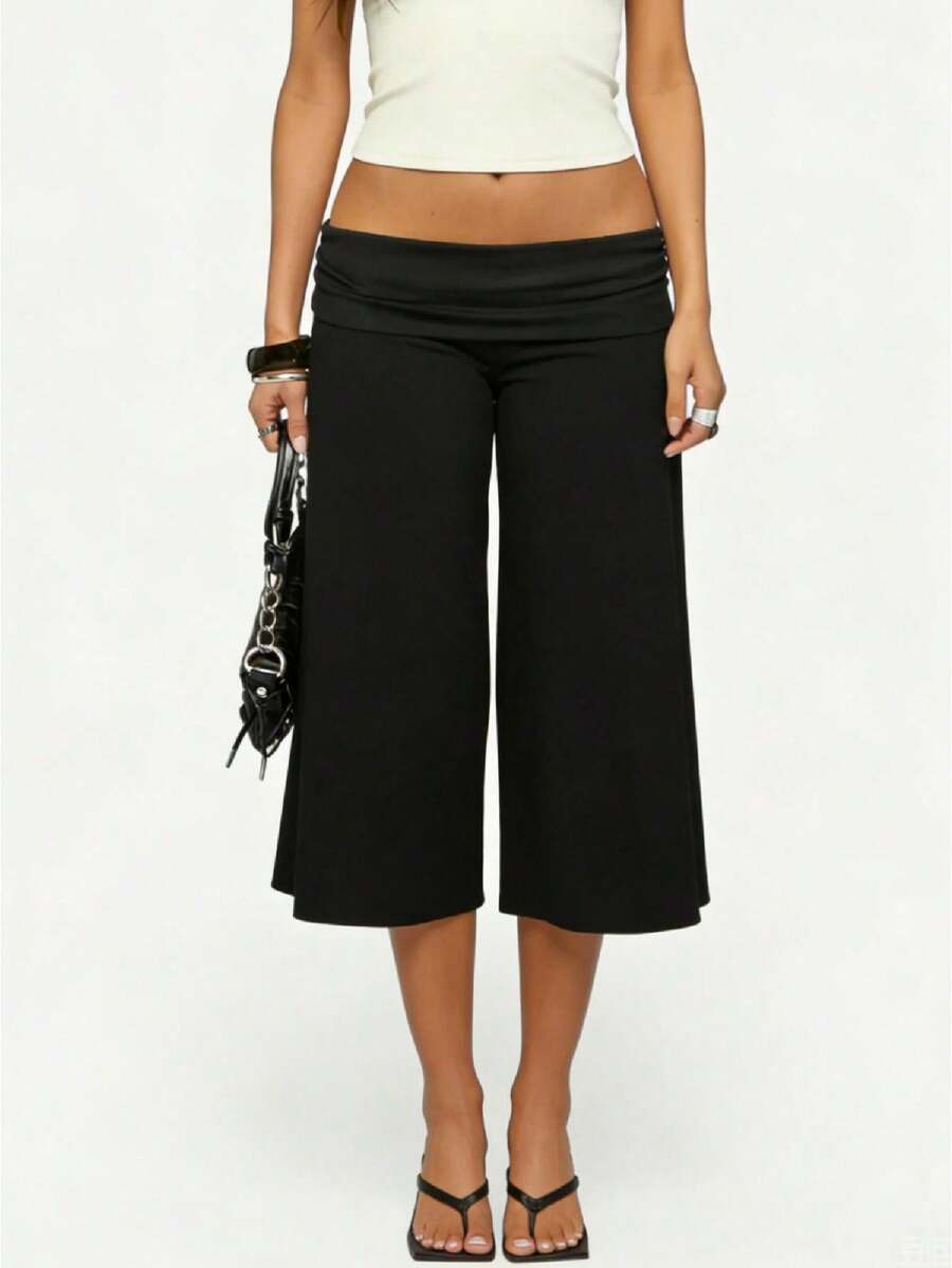 Fold Over Gaucho Pants Culottes For Women Low Rise Capris Foldover Flowy Going Out Flare Bottoms Wide Leg Capri Pants - 黑色 - 查看 1