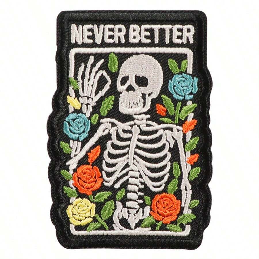 RHUAGYP 1pc Never Better Skull & Flower Gothic Style Embroidered Patch, Iron-On / Sew-On, Suitable For Clothing, Bags, Punk Horror Style Decorative Applique - Multicolor - View 1