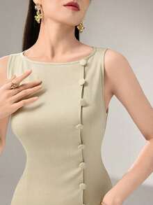 Vestido corto elegante de unicolor con dobladillo plisado y sin mangas - Caqui - Ver 3