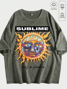 Washed Cotton Sublime Sun Graphic Print Short Sleeve T-Shirt, Casual Oversized Crew Neck Tee For Men, Suitable For Daily Wear, Summer Outings And Music Festivals - Dirty Military Green - View 1