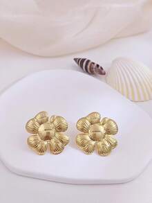 Chunky Striped Texture BIG Flower Stud Earrings For Women Grils, Jewelry | Summer Boho Beach Jewelry Unique Design Earrings - Gold - View 10