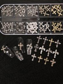 12格哥德式十字架美甲飾品組，復古水鑽珍珠3D金屬裝飾，DIY美甲設計用，12格收納盒 - 彩色 - 查看 2