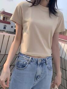 Short Sleeve T-Shirt, Solid Color, New Summer Style, Slim Fit, Versatile Round Neck Top Casual - Apricot - View 6