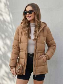 Women's Puffer Jacket With Faux Fur Lining For Winter With Hood - Óxido marrón - Ver 5