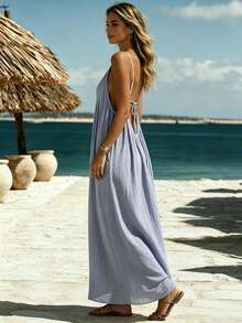 Vestido casual de mujer de unicolor, de tela tejida, con espalda descubierta y lazo, para playa y vacaciones de verano - Lila Púrpura - Ver 9