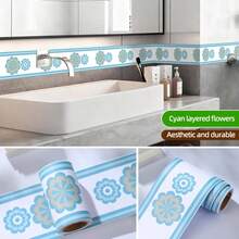 Self-Adhesive Ceramic Tile Trim Sticker, Decorative Wall Border For Kitchen, Bathroom, Waterproof Baseboard - Blue and Green Overlapping Flowers - View 2