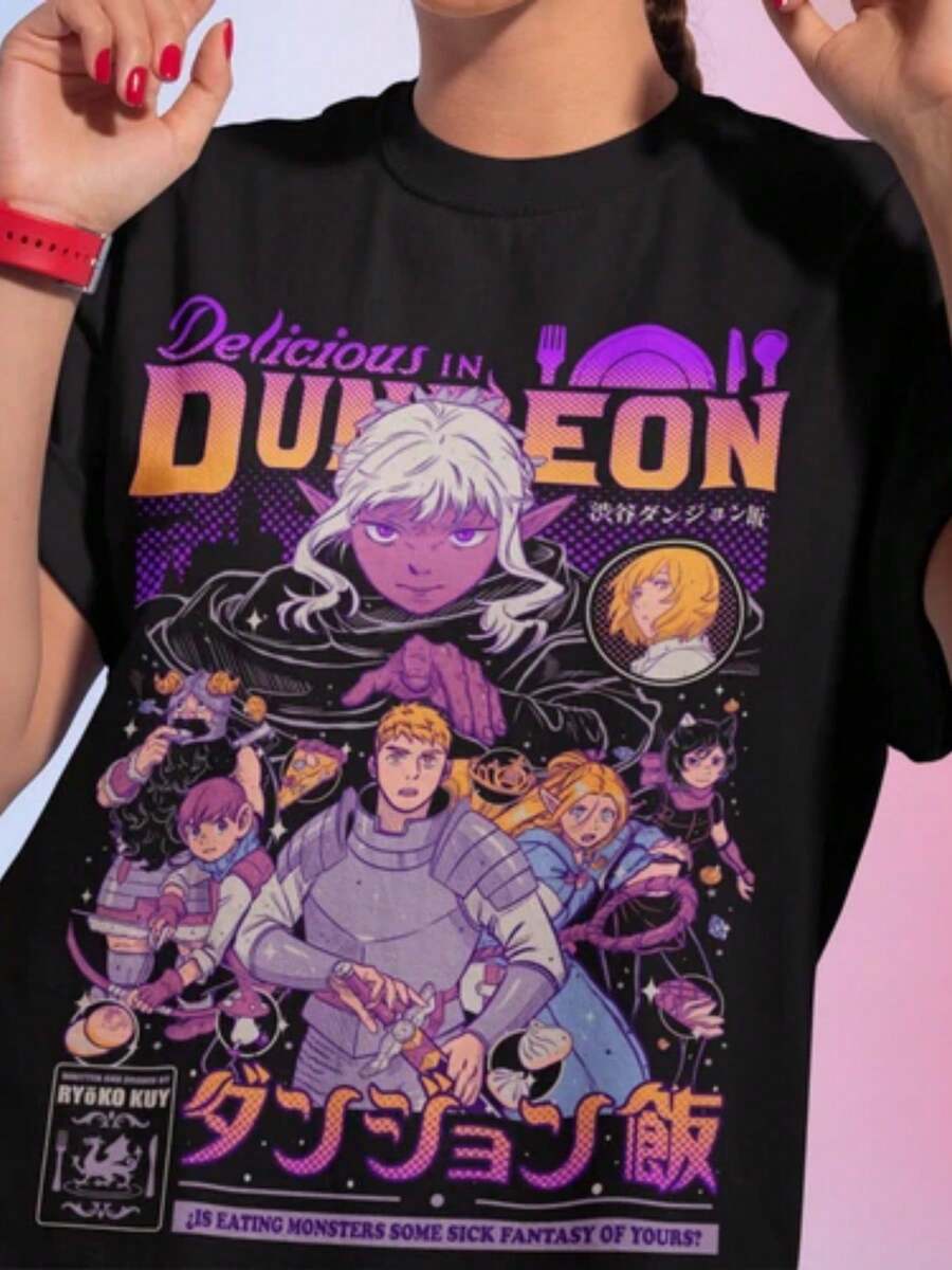 Laios Touden Dungeon Meshi T-Shirt Delicious Anime Vintage Special Shirt - màu đen - Xem 1