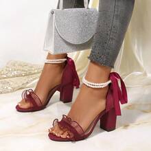 Burgunderrote Perlen-Schleife Chunky High Heel Sandalen - Bordeaux - Übersicht 3