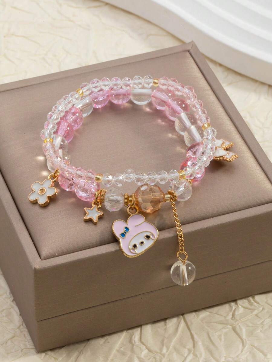 SANRIO 一套时尚、甜美、可爱的卡通旋律吊坠串珠女式手链 - 淺粉色 - 查看 1